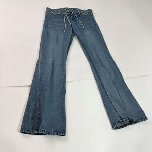 Vintage Y2K Mudd Jeans Womens 13 Blue Denim Flare Leg Drawstring Accent whimsica